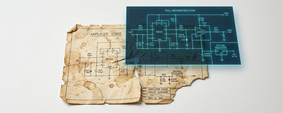 Damaged schematic with digital reconstruction overlay