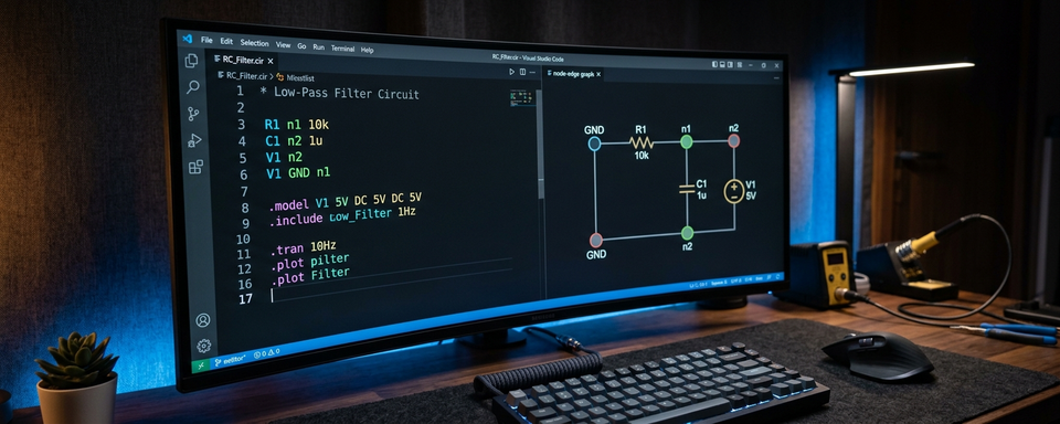 Dark code editor with syntax-highlighted SPICE netlist