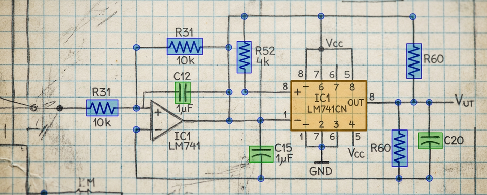 Hand-drawn schematic with colored detection overlays