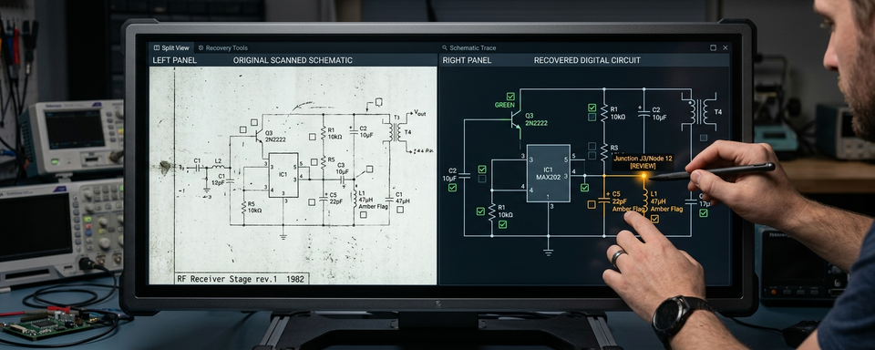 Engineer using stylus on split-screen verification interface