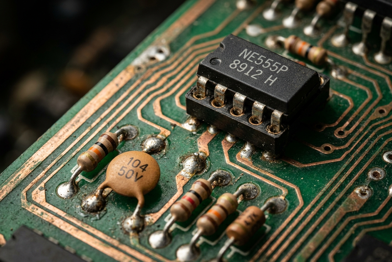 Macro photograph of a vintage PCB with copper traces and through-hole components