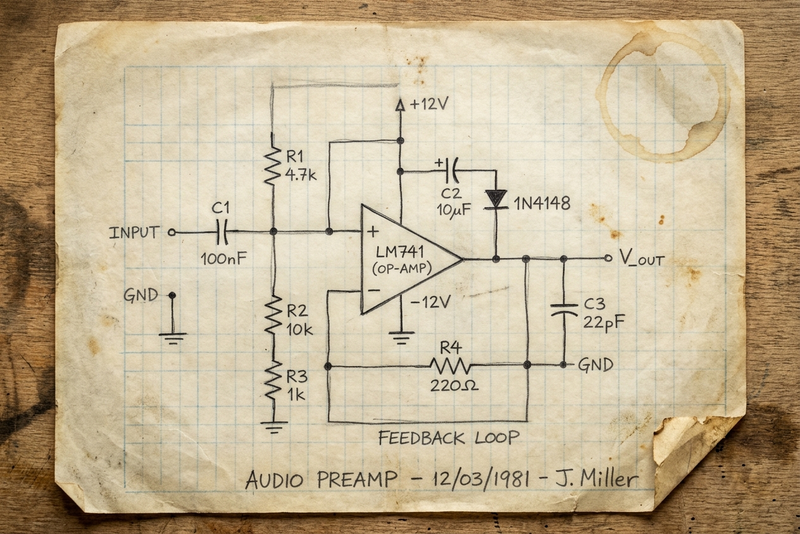 Aged hand-drawn electronics schematic on yellowed paper