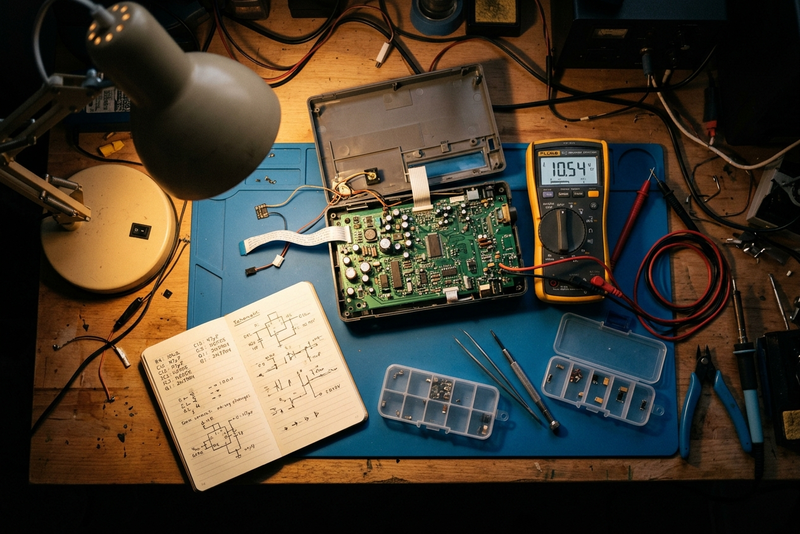 Electronics teardown workspace with disassembled device, multimeter, and handwritten notes