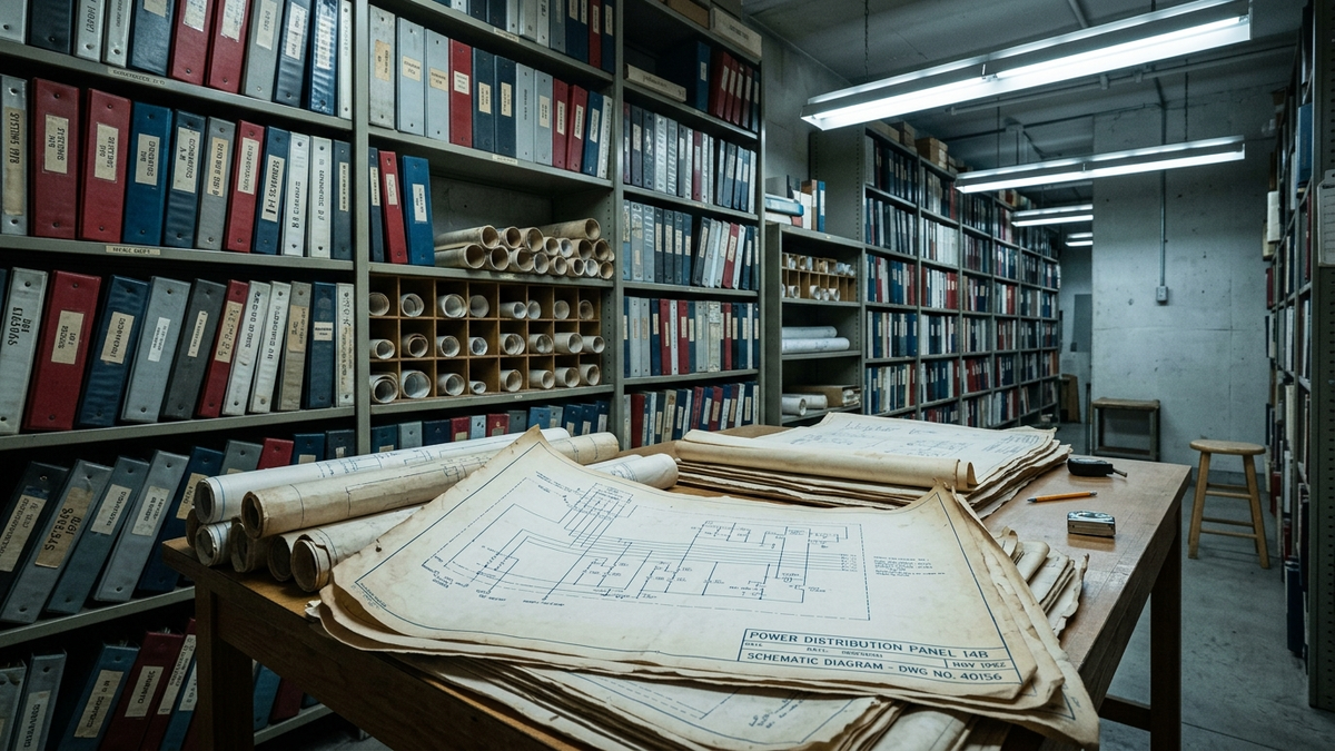 Engineering archive room with shelves of technical binders and faded schematics spread across a work table