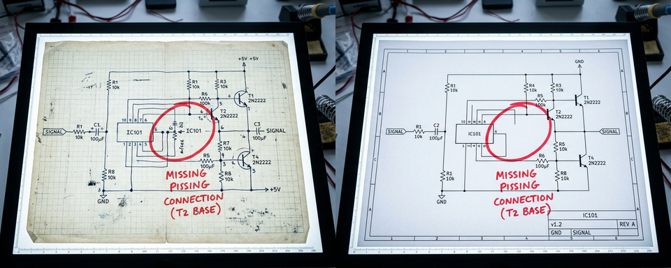 Two schematics side by side with red circles marking transcription errors