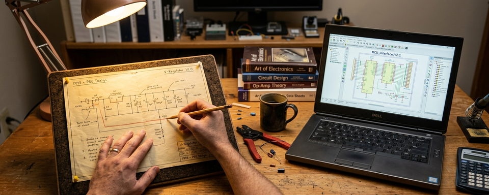 Engineer tracing a hand-drawn schematic next to a laptop with CAD tool
