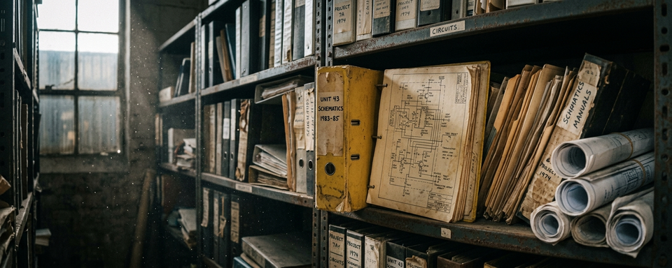 Archive shelves of aging technical binders and rolled blueprints