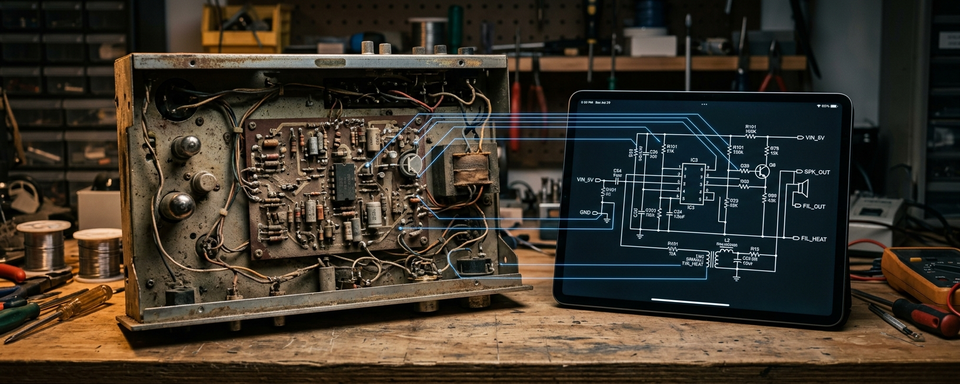 Vintage electronics chassis beside tablet showing recovered digital schematic