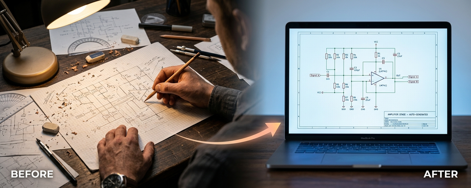 Before and after: hand-drawn schematic to clean digital output