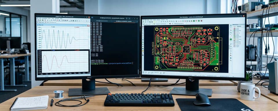 Dual monitors showing SPICE waveforms, EDA layout, and netlist