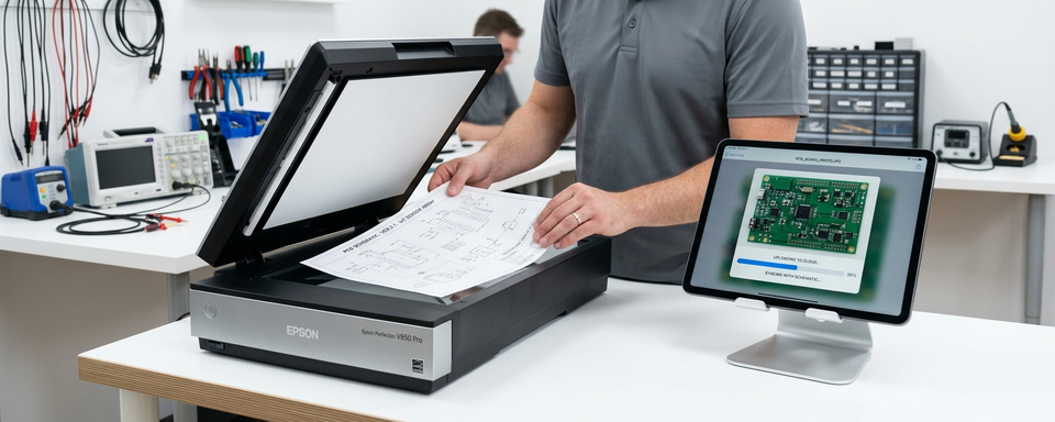 Scanner with schematic being placed, tablet showing PCB upload