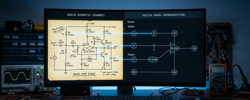 Split screen: analog schematic left, digital circuit graph right