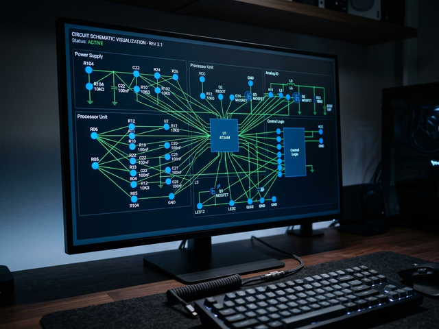 Monitor displaying structured circuit graph visualization on dark interface