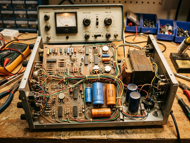 Vintage test equipment with its case removed, revealing internal circuit boards and wiring