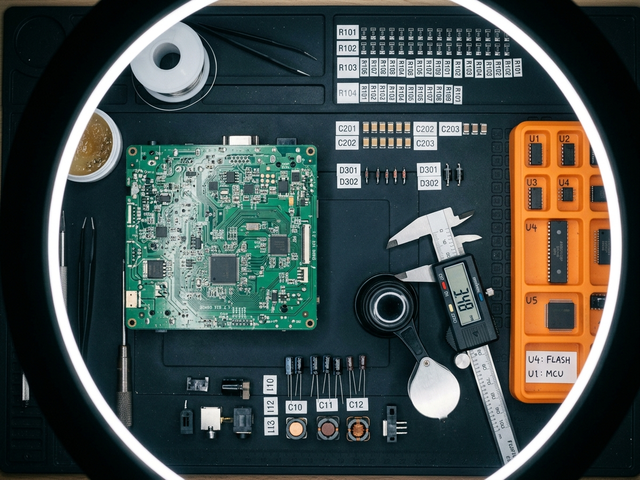 Methodical electronics teardown with desoldered components arranged in organized rows
